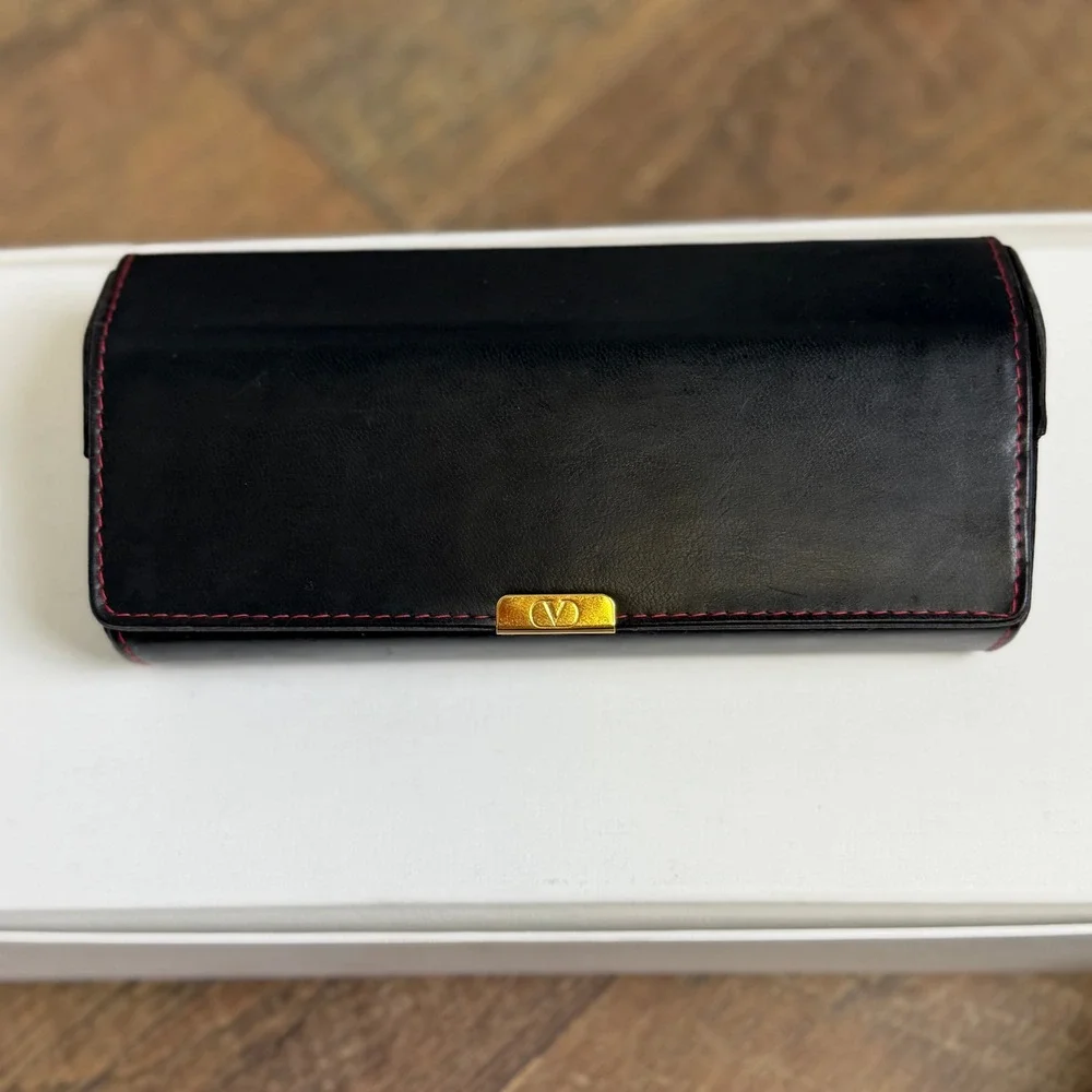 Valentino Les Lunettes Black Leather Eyeglass Case Gold Hardware Made in Italy - Picture 1 of 13